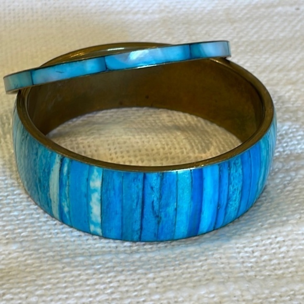 Blue natural shell wide and narrow brass bangle vintage nice quality bracelets